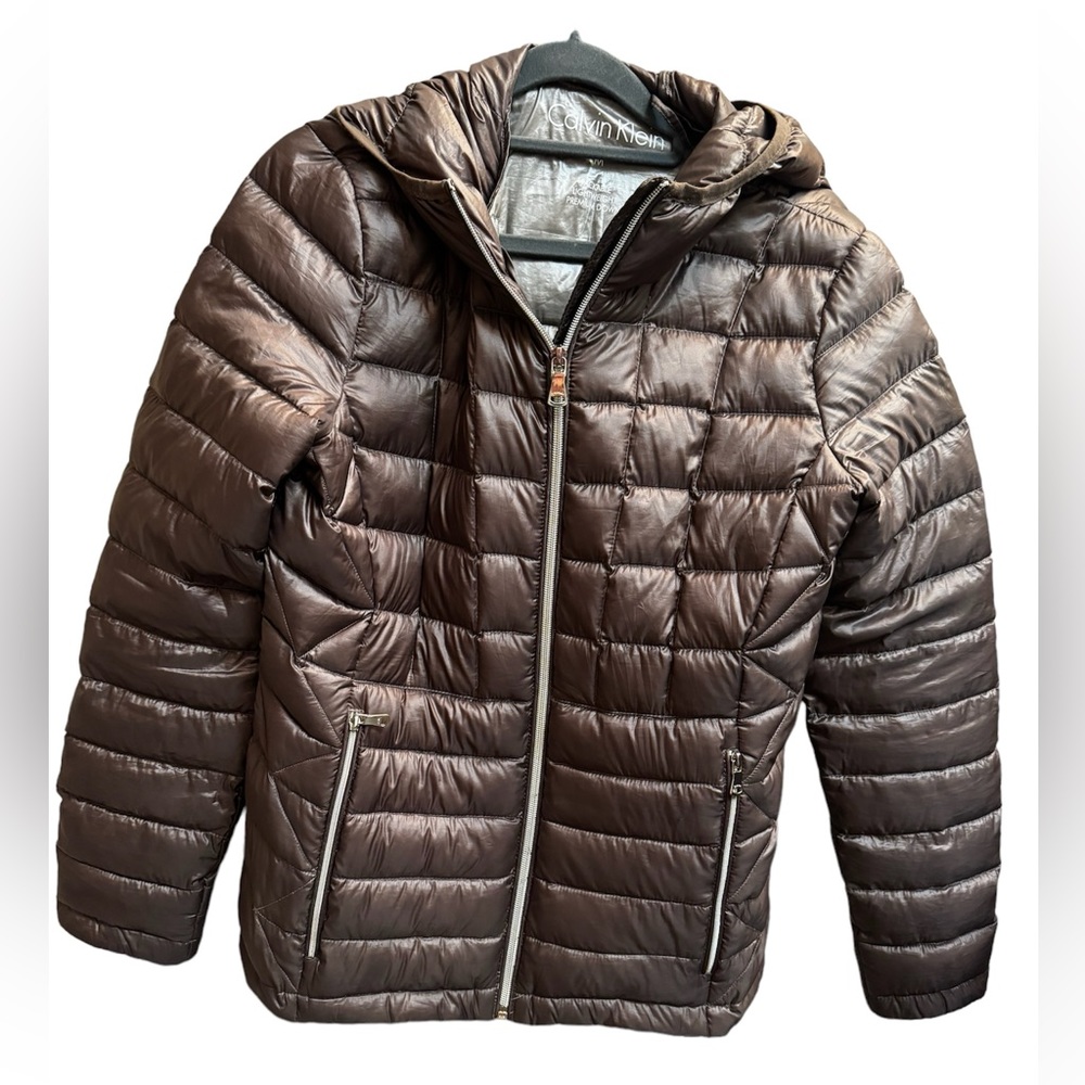 CALVIN KLEIN DUCK DOWN Coat women's brown puffer Packable jacket EUC SZ MED Hood